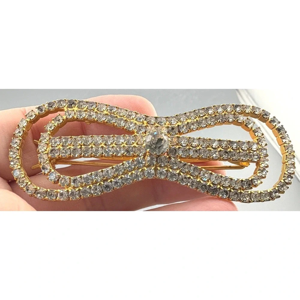 Vintage Hobe Rhinestone Bow Hair Barrette Gold Tone 3.5